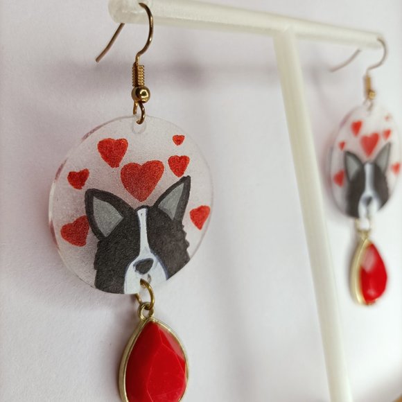 Handmade Dog Border Collie Bordercollie Earrings Rhinestone Handdrawn - Picture 2 of 3